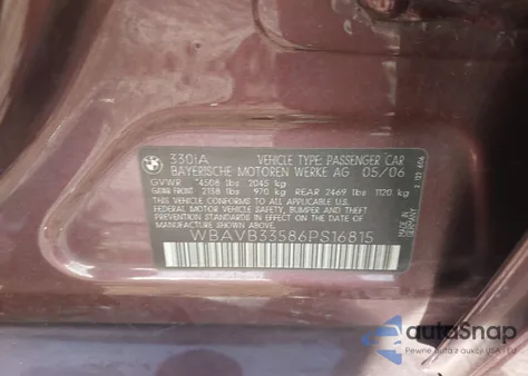 2006 BMW 330I из США, поврежденный, VIN WBAVB33586PS16815